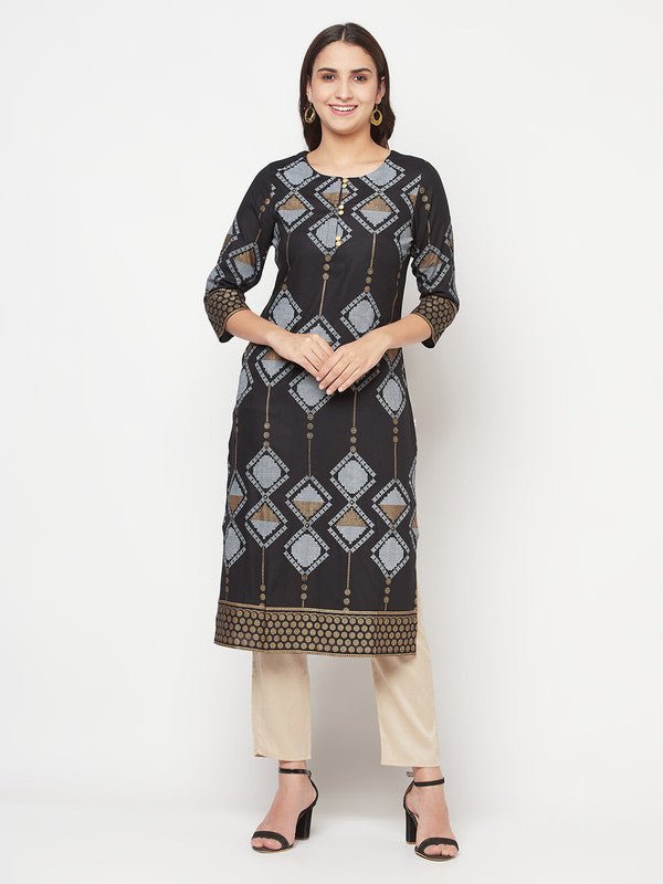 Aniyah Rayon Screen Print Black Straight Kurta - Swadesiicart