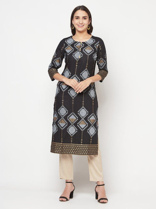 Aniyah Rayon Screen Print Black Straight Kurta - Swadesiicart