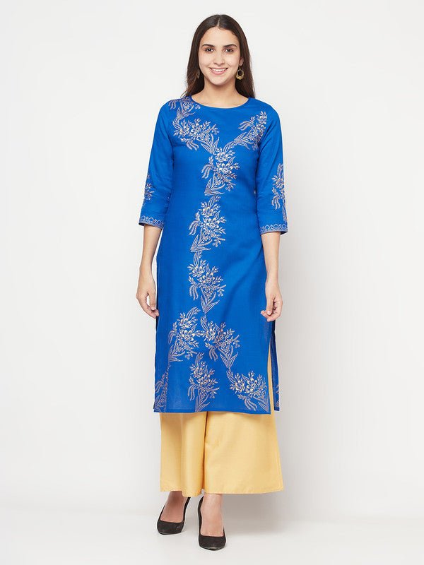 Aniyah Cotton Foil Print Royal Blue Straight Kurta - Swadesiicart