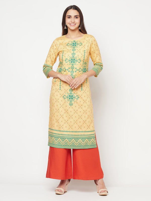 Aniyah Rayon Digital Screen Print Golden Beige Straight Kurta - Swadesiicart