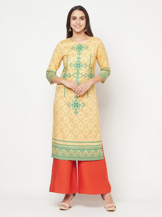 Aniyah Rayon Digital Screen Print Golden Beige Straight Kurta - Swadesiicart