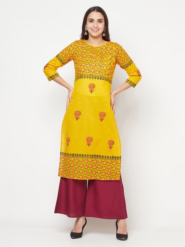 Aniyah Mustard Cotton Block Print Straight Kurta - Swadesiicart