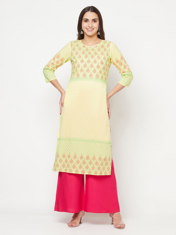 Aniyah Cotton Block Print Lemon Yellow Straight Kurta - Swadesiicart