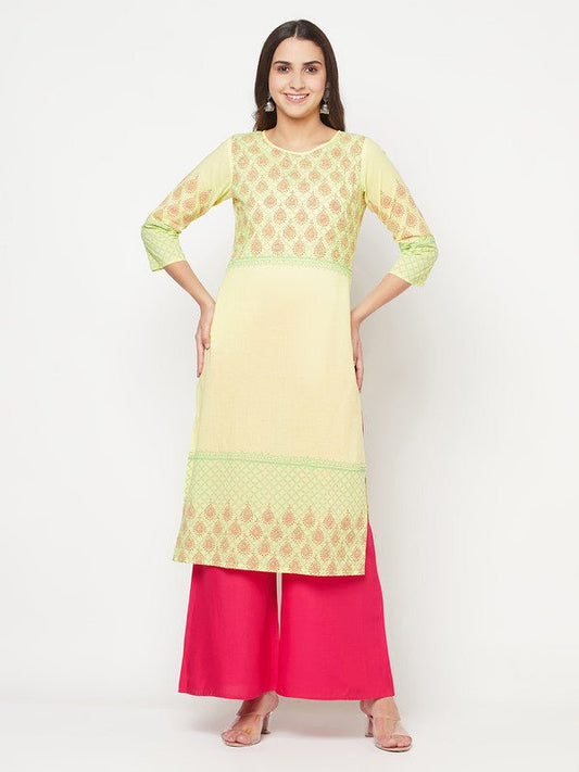 Aniyah Cotton Block Print Lemon Yellow Straight Kurta - Swadesiicart