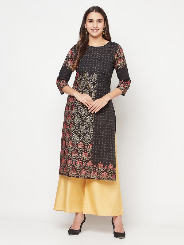 Aniyah Black Color Cotton Block Print Straight Kurta - Swadesiicart