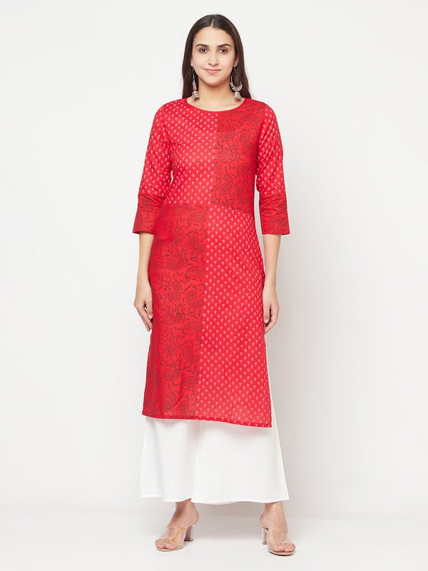 Aniyah Cotton Block Print Red Color Straight Kurta - Swadesiicart