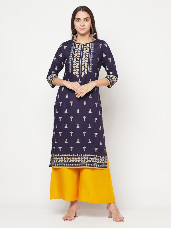 Aniyah Rayon Screen Print Navy Blue Straight Kurta - Swadesiicart