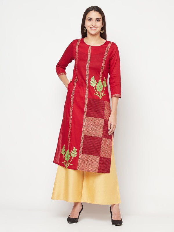 Aniyah Cotton Foil Print Maroon Straight Kurta - Swadesiicart