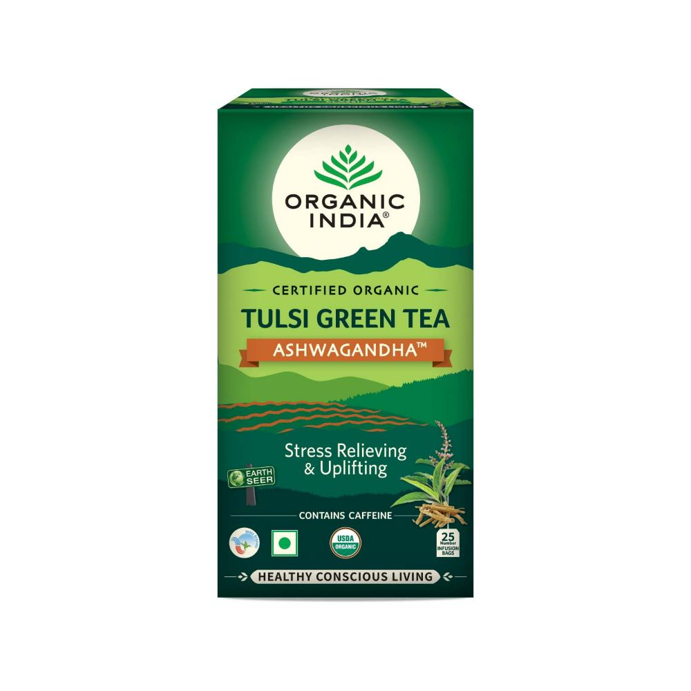 Organic India Tulsi Green Tea Ashwagandha - Herbal Sleep Tea, Caffine Free - Swadesiicart