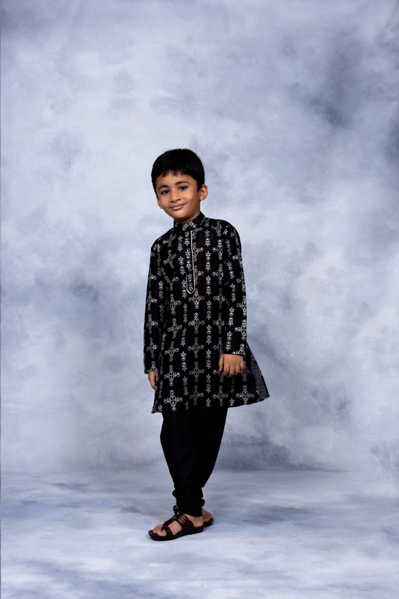 Ahalyaa Boys Black Chanderi Gold Printed Kids Kurta Churidar Set | Swadesiicart