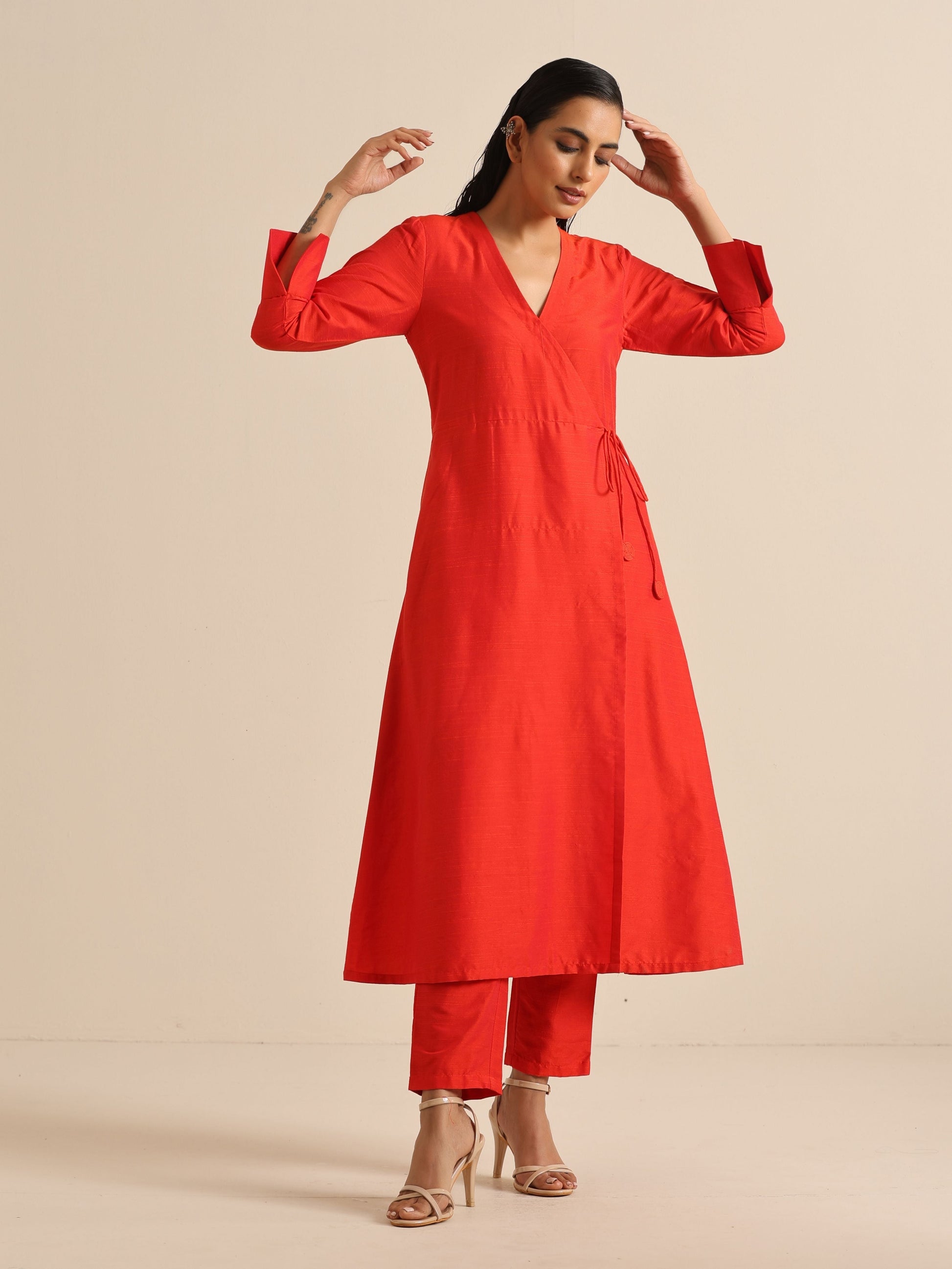 trueBrowns Orange Dupion Blend Angrakha Kurta Pant Set | Swadesiicart