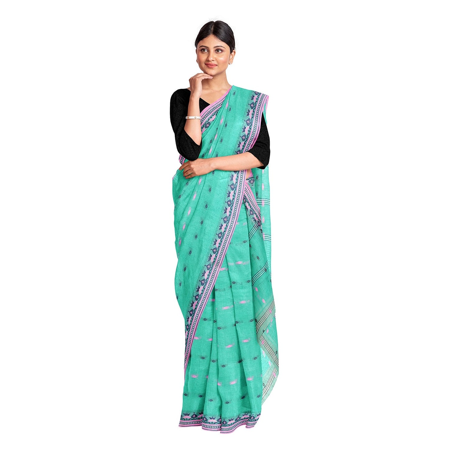 Exclusive Collection 100% Pure Cotton Green Tant Saree With Hand Weaving Work - Swadesiicart