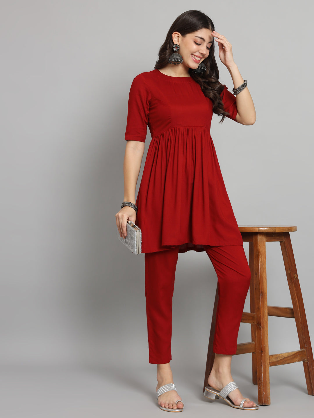 Fab Fashion Cherry Red Co-Ord set - Swadesiicart