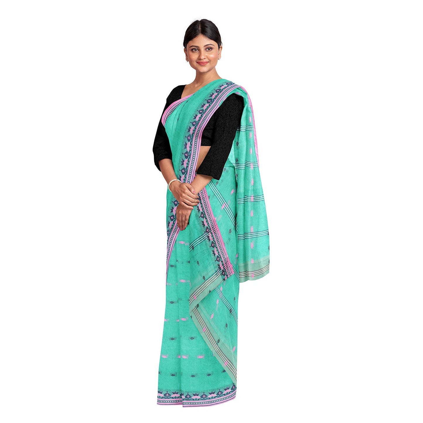 Exclusive Collection 100% Pure Cotton Green Tant Saree With Hand Weaving Work - Swadesiicart