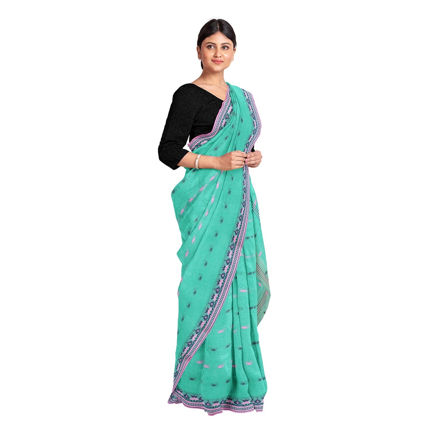 Exclusive Collection 100% Pure Cotton Green Tant Saree With Hand Weaving Work - Swadesiicart