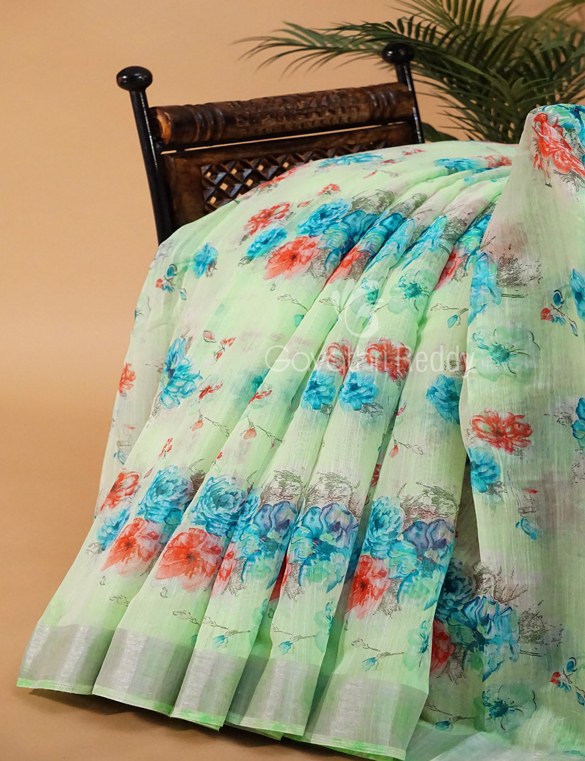 Pastel Green and Blue Digital Prin Semi Chanderi Saree By Gayathri Reddy Designer Studio | Swadesiicart