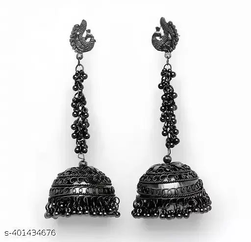 Tehzeeb Creations Women's Black Colour Oxidised Peacock Design Earrings | Swadesiicart