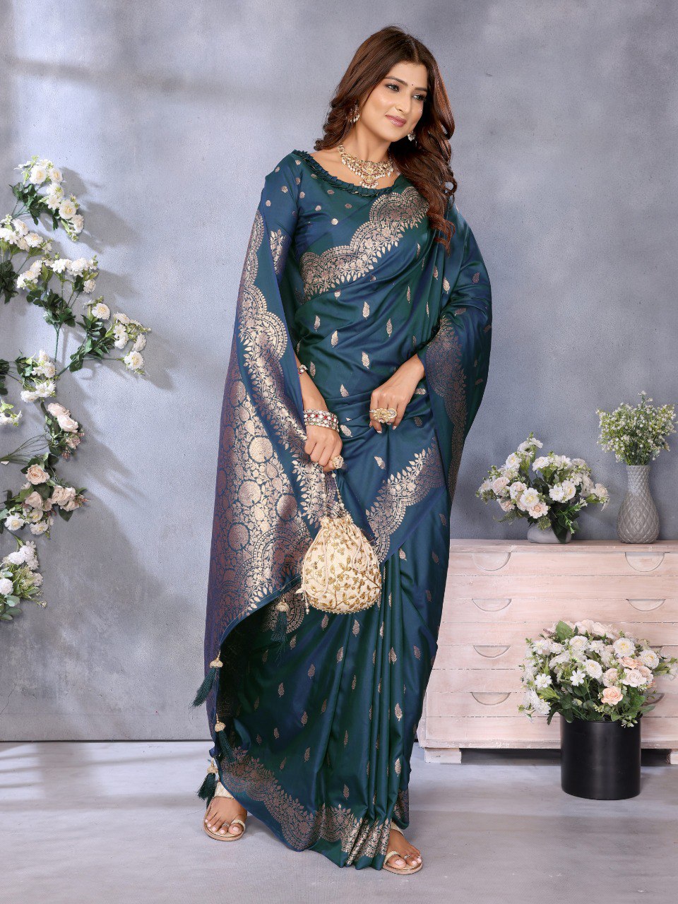 Anaita Blue Premium Banarasi Tissue Silk Saree With Gala Weaving Work