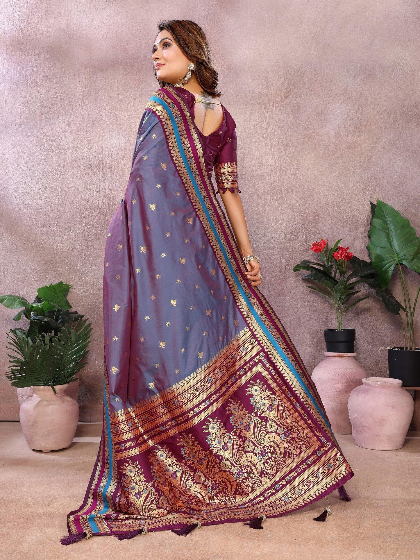 Anaita Dusty Blue Handloom Kalamkari Silk Saree With Zari Woven Work