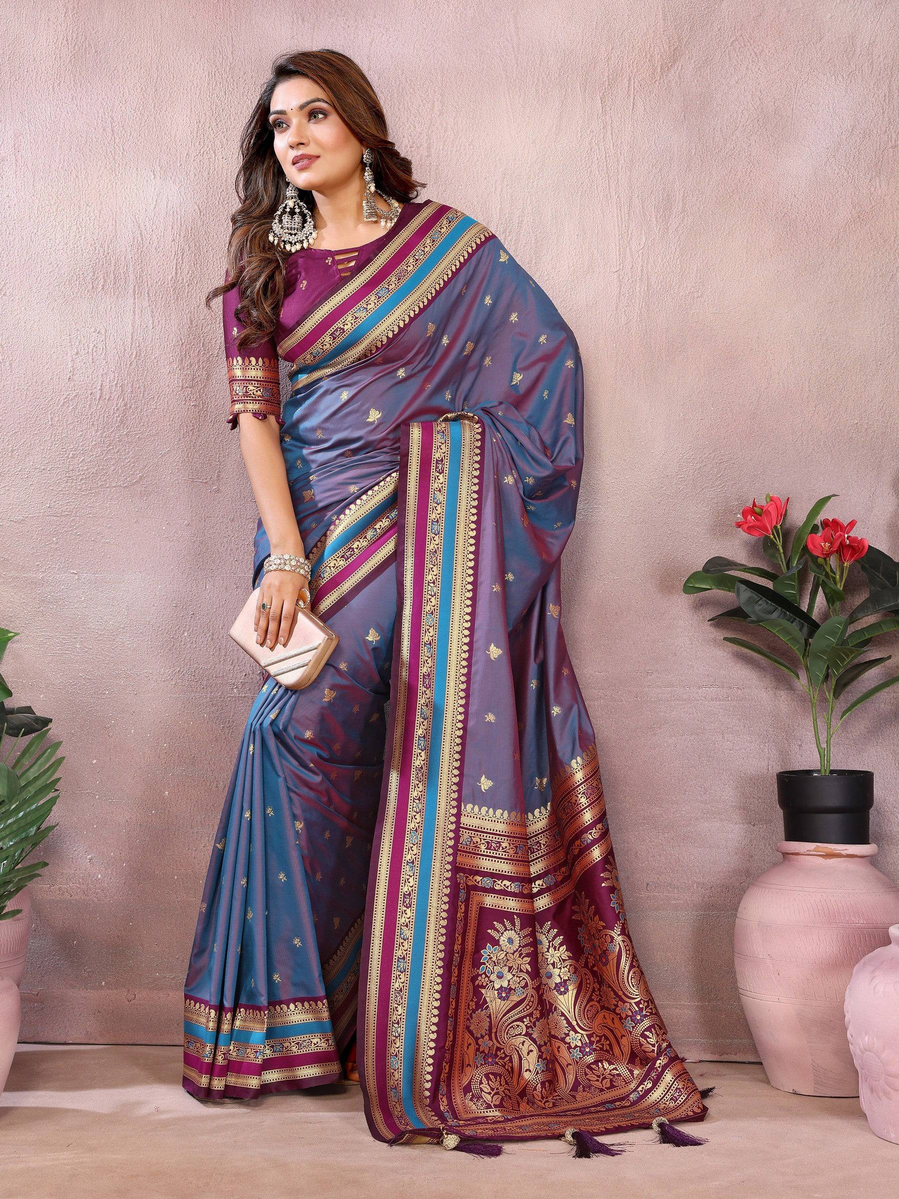Anaita Dusty Blue Handloom Kalamkari Silk Saree With Zari Woven Work