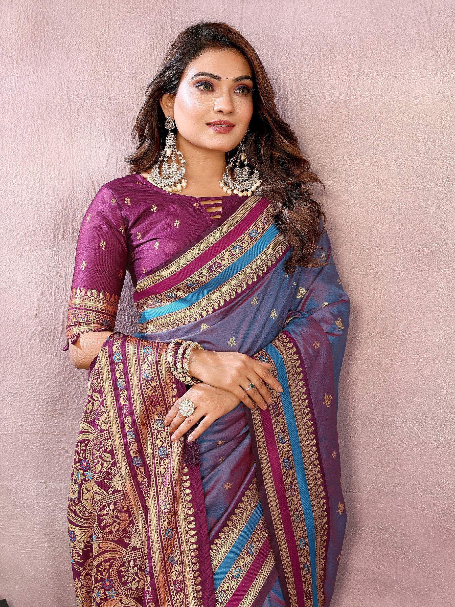 Anaita Dusty Blue Handloom Kalamkari Silk Saree With Zari Woven Work