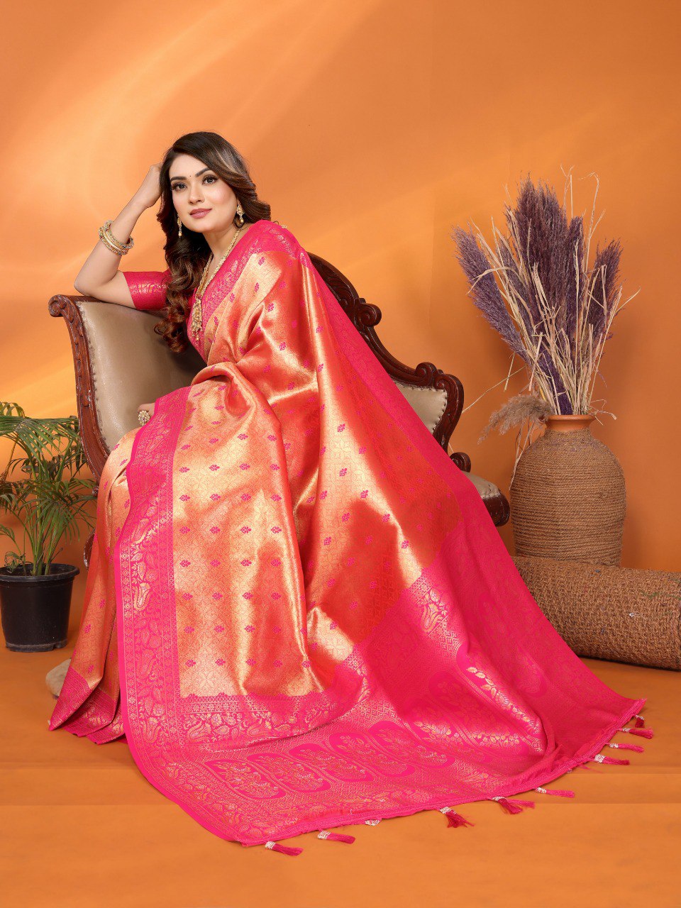 Anaita Peach Tissue Silk Saree With Weaving Zari Work