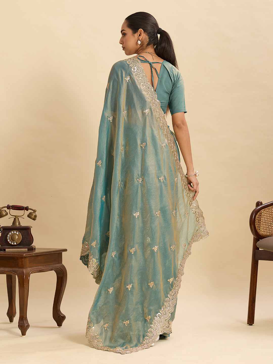 Lorenvalley Fashion Seagreen Fendy Satin with Embroidery Double Sequence Work Saree with Blouse - Swadesiicart