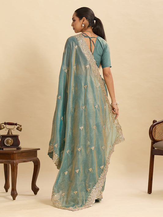 Lorenvalley Fashion Seagreen Fendy Satin with Embroidery Double Sequence Work Saree with Blouse - Swadesiicart
