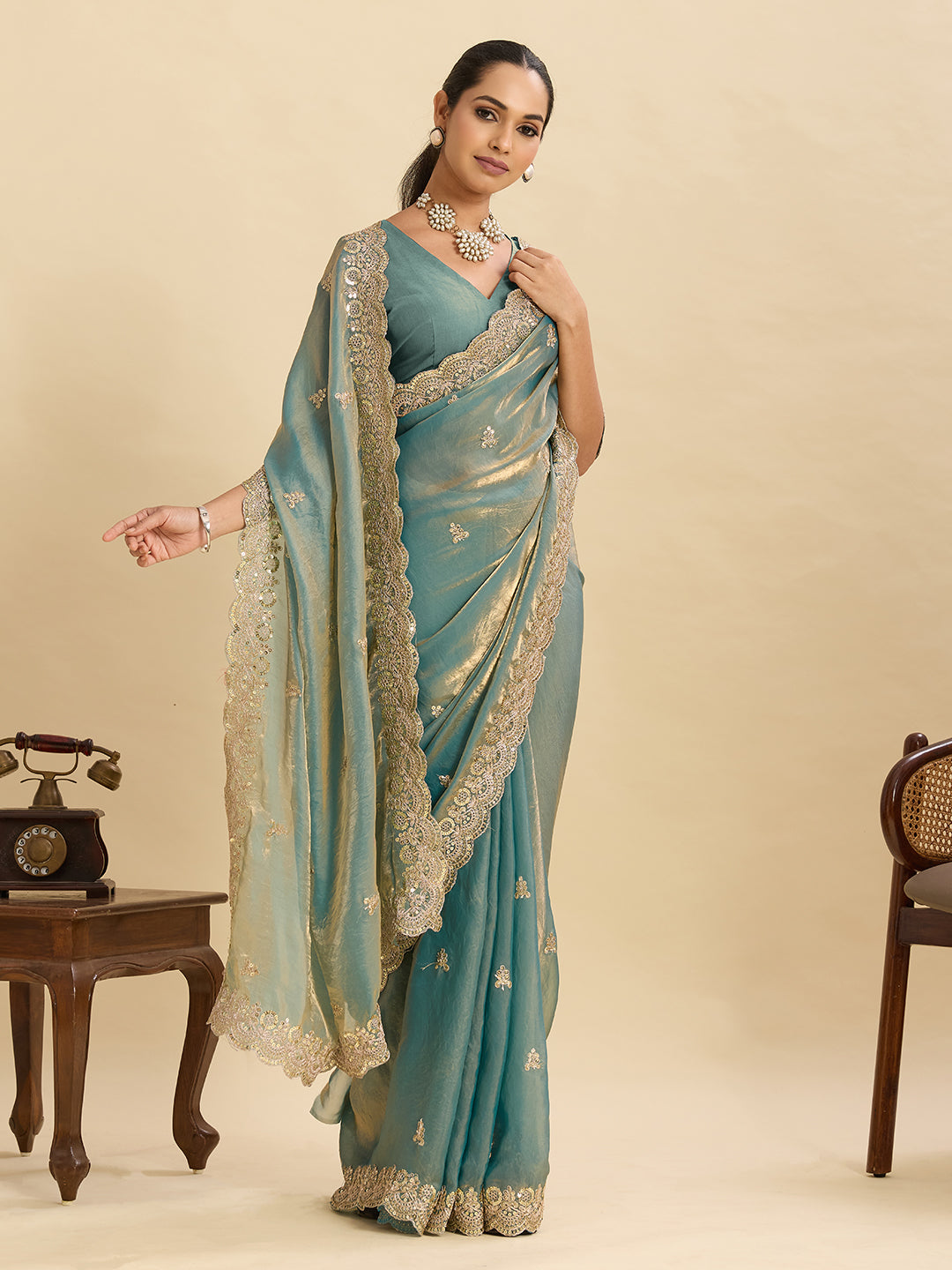 Lorenvalley Fashion Seagreen Fendy Satin with Embroidery Double Sequence Work Saree with Blouse - Swadesiicart