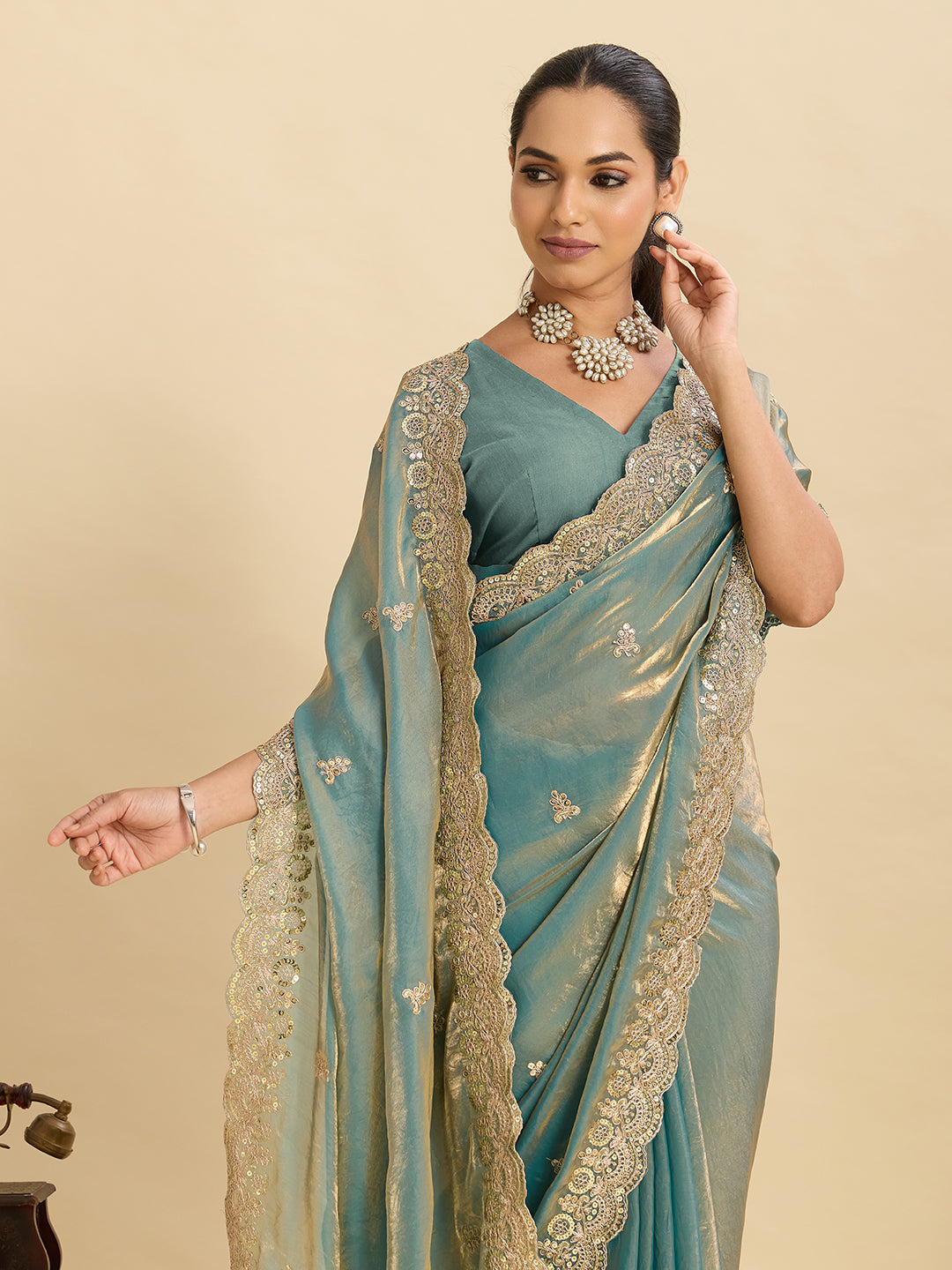 Lorenvalley Fashion Seagreen Fendy Satin with Embroidery Double Sequence Work Saree with Blouse - Swadesiicart