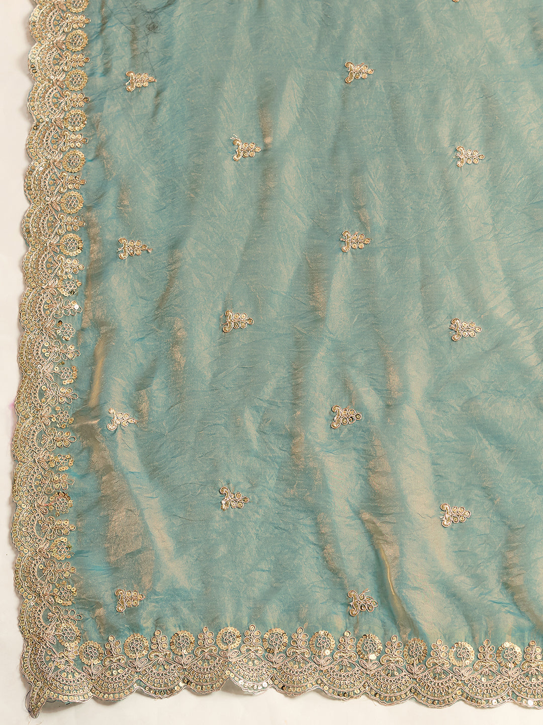 Lorenvalley Fashion Seagreen Fendy Satin with Embroidery Double Sequence Work Saree with Blouse - Swadesiicart