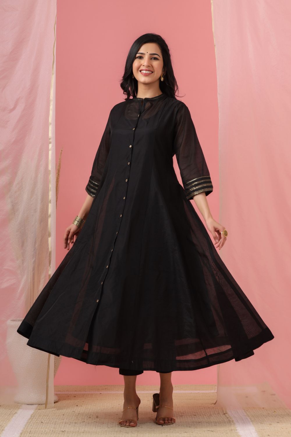 Juniper Womens Black Chanderi Solid Kalidar Kurta - Swadesiicart