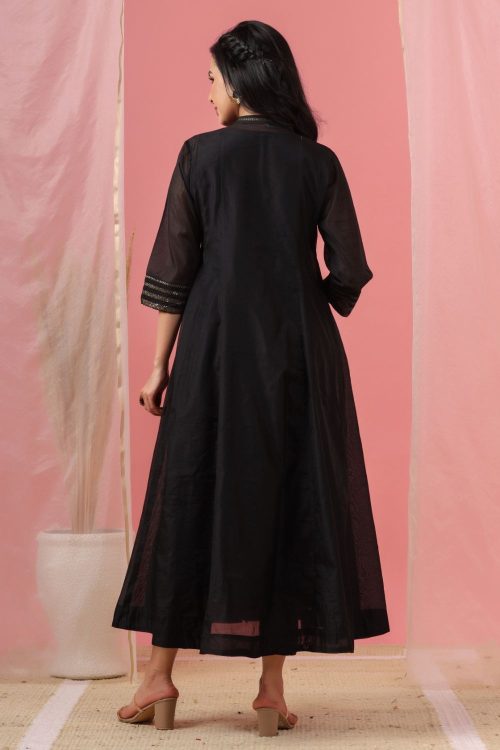 Juniper Womens Black Chanderi Solid Kalidar Kurta - Swadesiicart