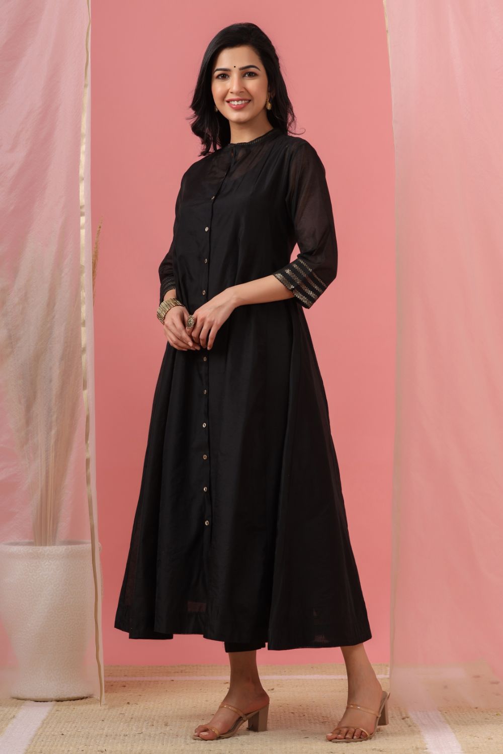 Juniper Womens Black Chanderi Solid Kalidar Kurta - Swadesiicart