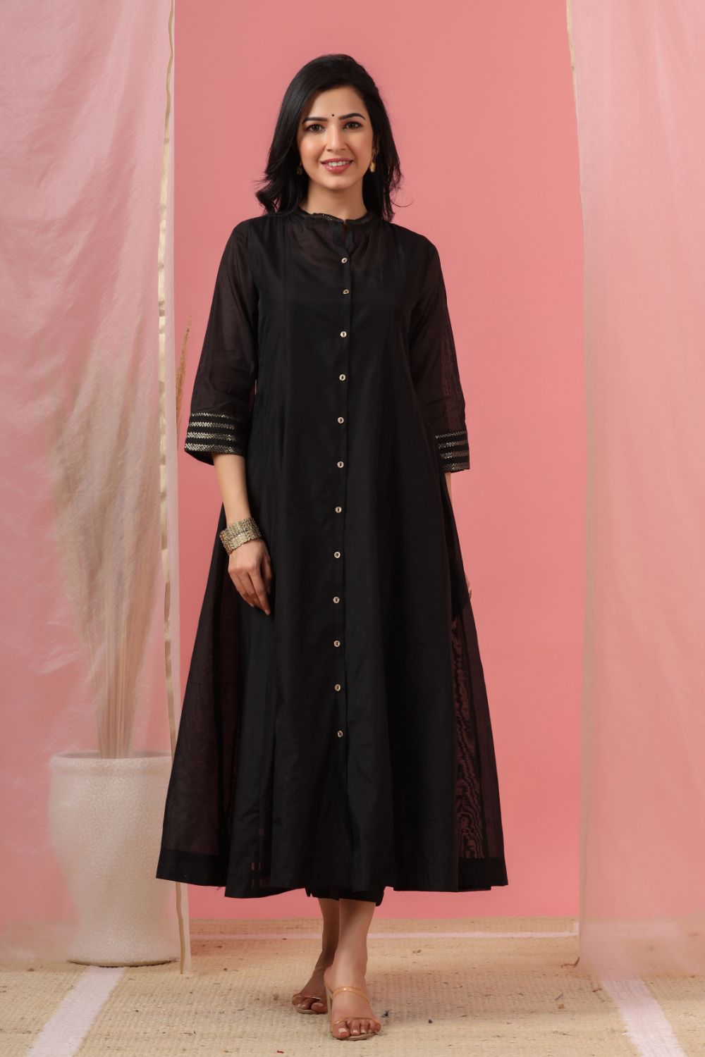 Juniper Womens Black Chanderi Solid Kalidar Kurta - Swadesiicart