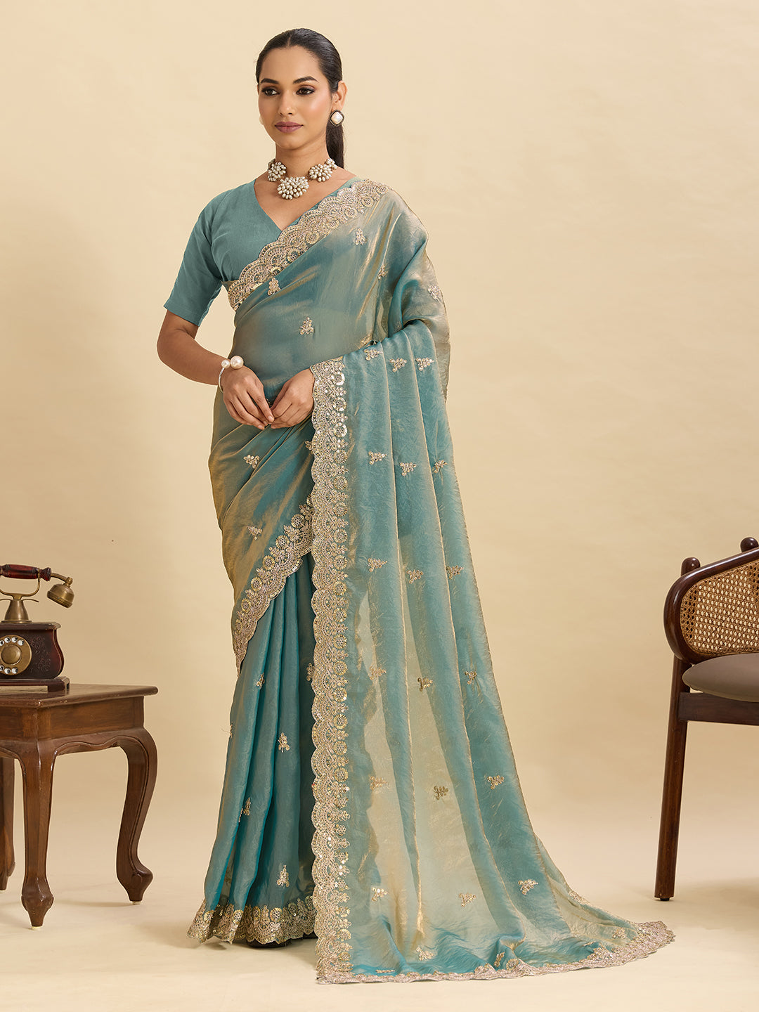 Lorenvalley Fashion Seagreen Fendy Satin with Embroidery Double Sequence Work Saree with Blouse - Swadesiicart
