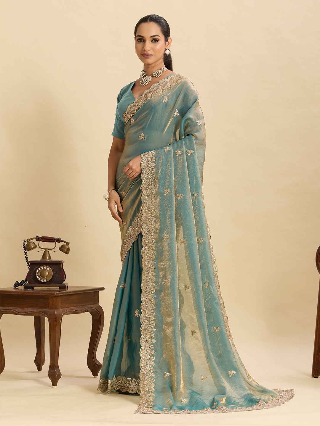 Lorenvalley Fashion Seagreen Fendy Satin with Embroidery Double Sequence Work Saree with Blouse - Swadesiicart