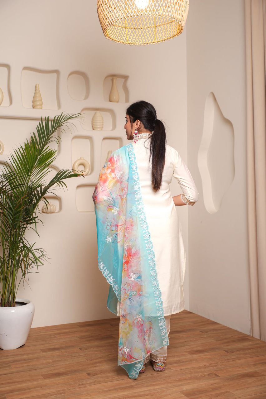 Lorenvalley Offwhite Chanderi Cotton Embroidered Work Kurta Set | Swadesiicart