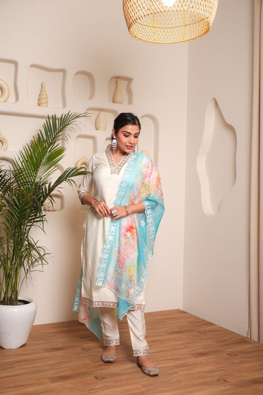 Lorenvalley Offwhite Chanderi Cotton Embroidered Work Kurta Set | Swadesiicart