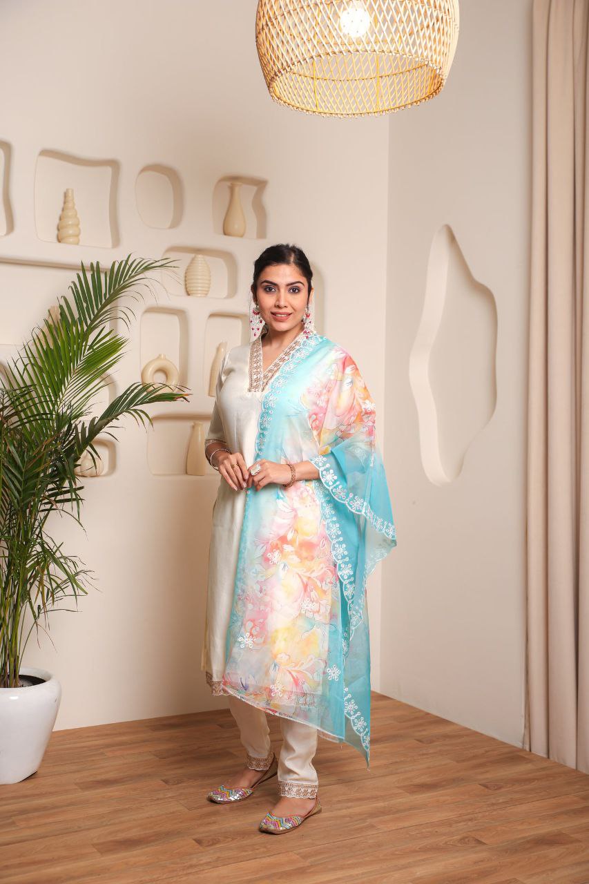 Lorenvalley Offwhite Chanderi Cotton Embroidered Work Kurta Set | Swadesiicart