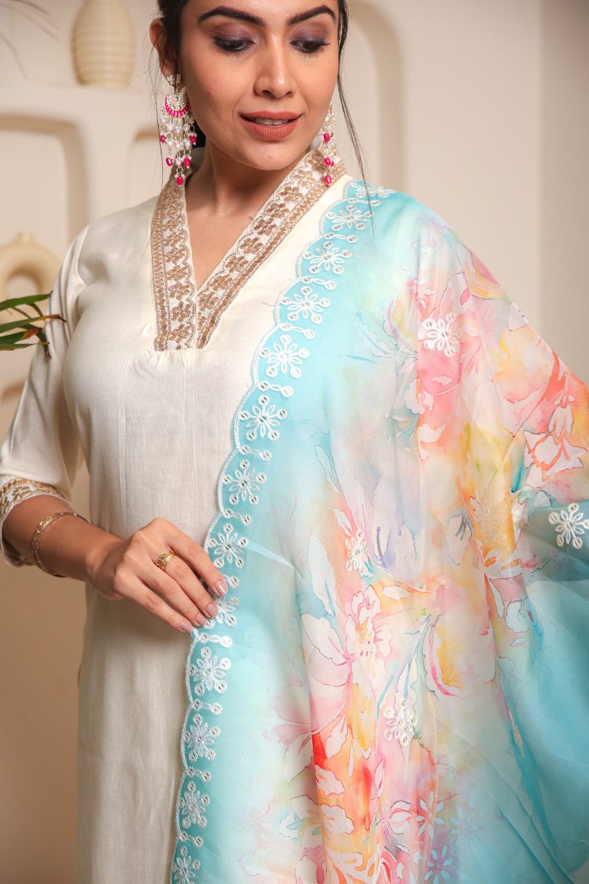 Lorenvalley Offwhite Chanderi Cotton Embroidered Work Kurta Set | Swadesiicart