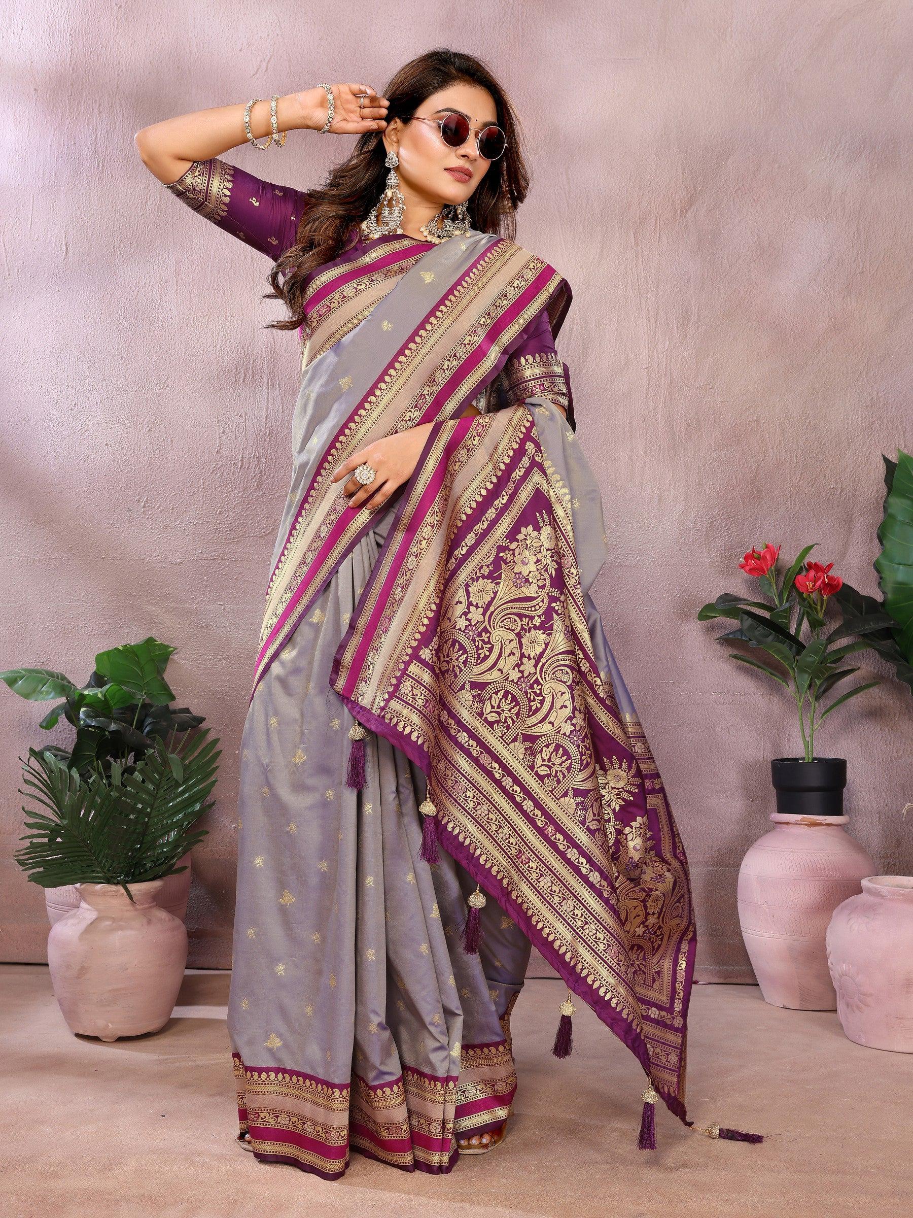 Anaita Purple Handloom Kalamkari Silk Saree With Zari Woven Work