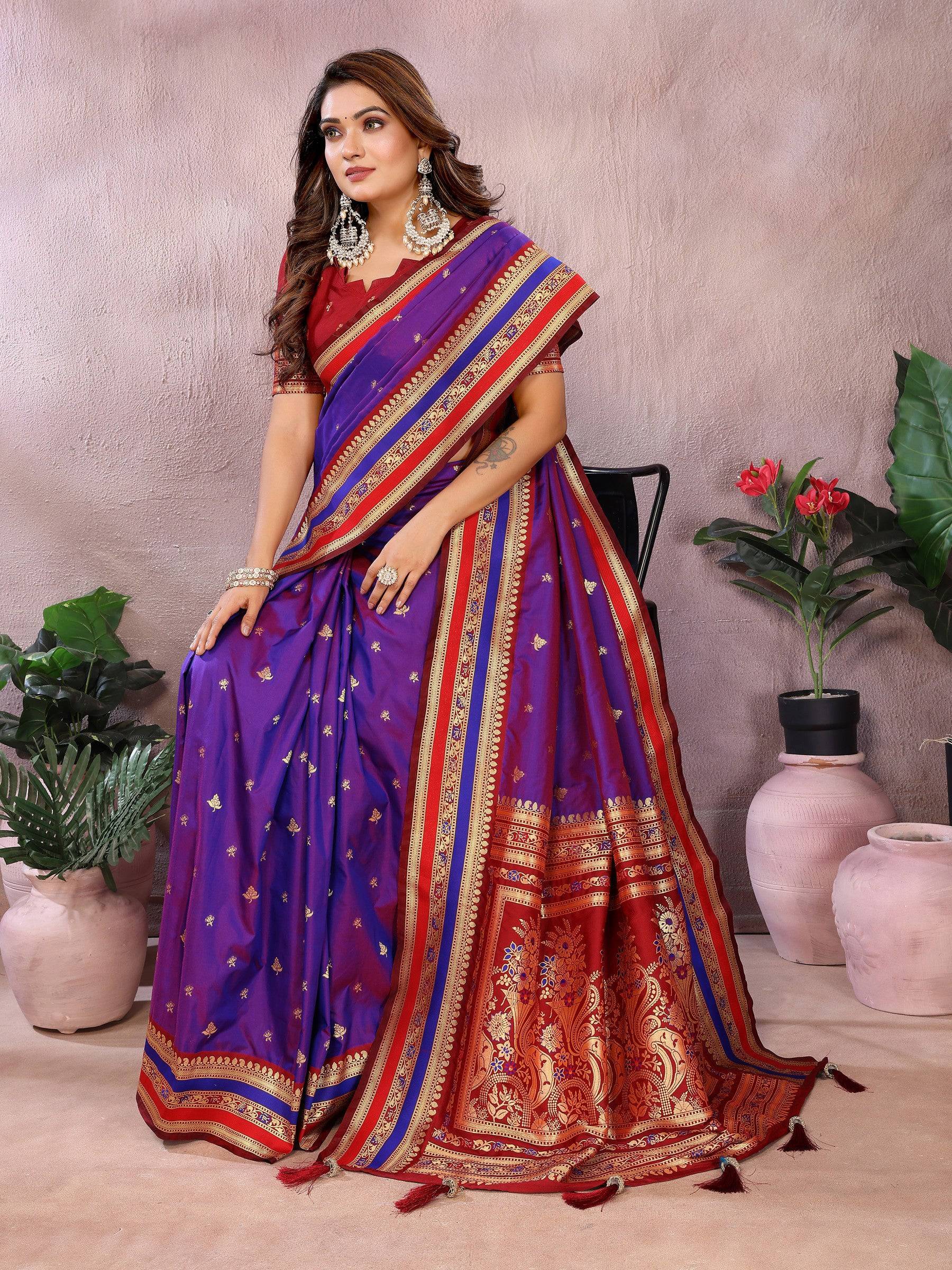 Anaita Violet Handloom Kalamkari Silk Saree With Zari Woven Work