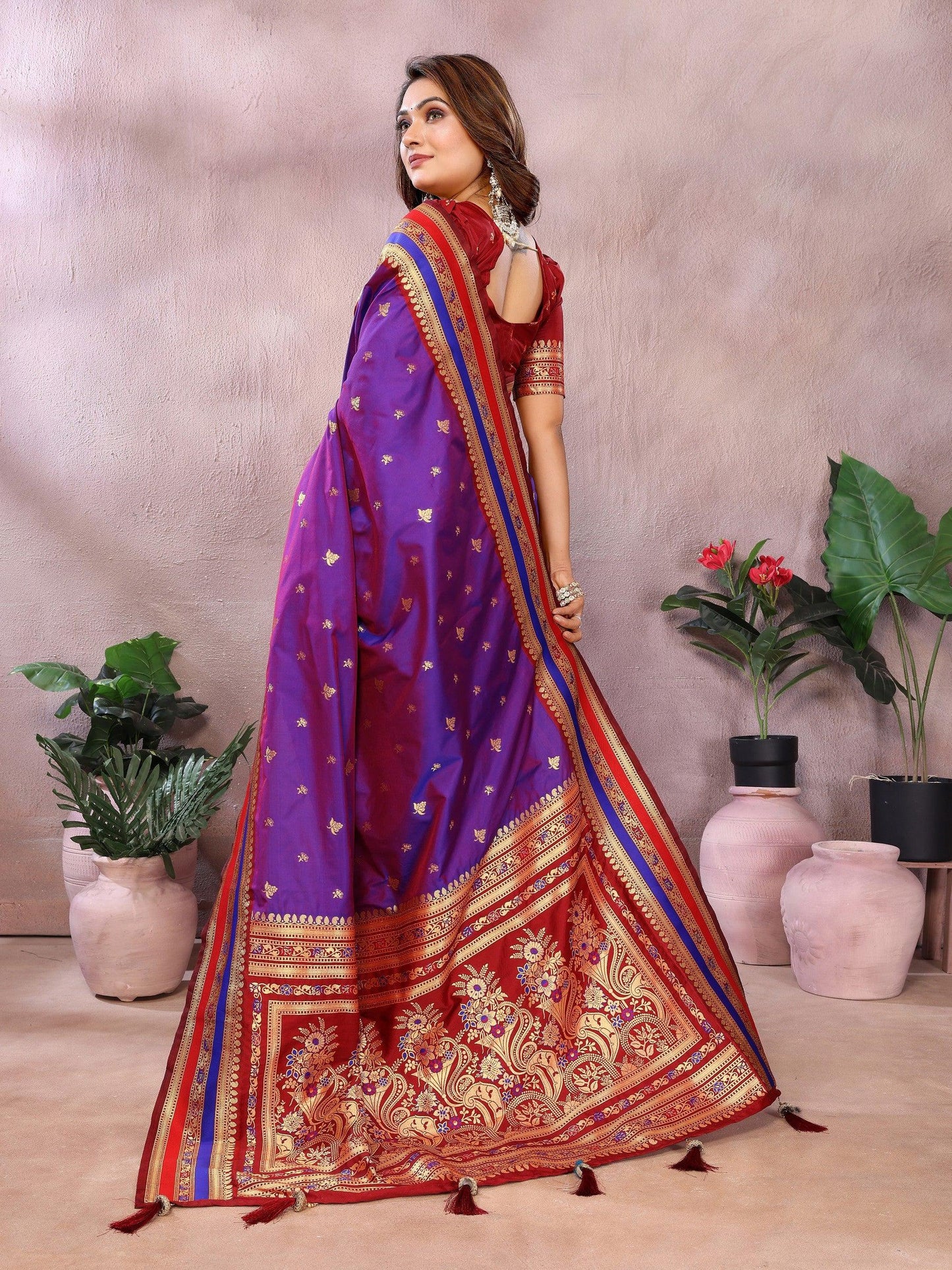 Anaita Violet Handloom Kalamkari Silk Saree With Zari Woven Work