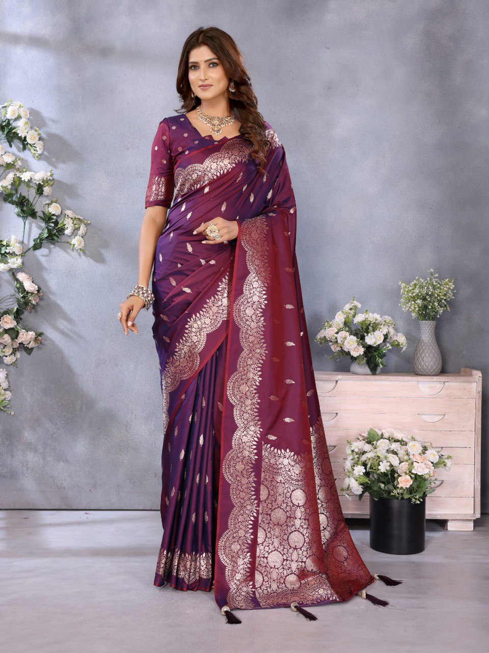 Anaita Maroon Premium Banarasi Tissue Silk Saree With Gala Weaving Work