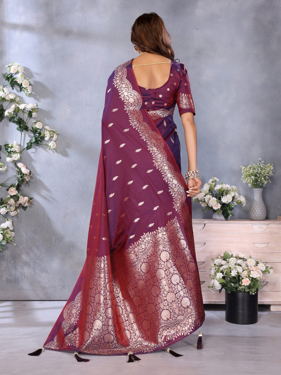 Anaita Maroon Premium Banarasi Tissue Silk Saree With Gala Weaving Work