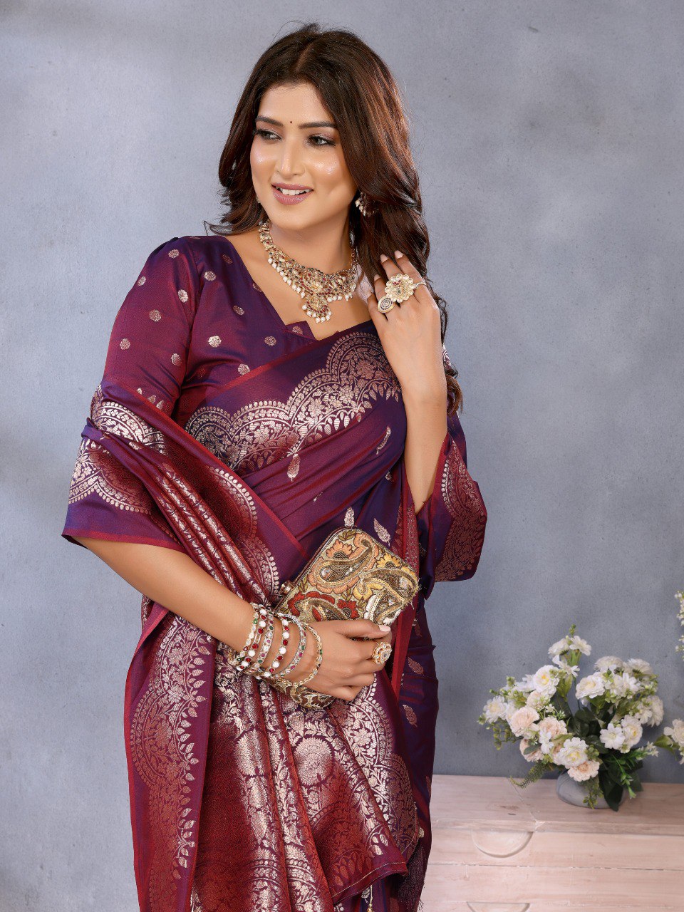 Anaita Maroon Premium Banarasi Tissue Silk Saree With Gala Weaving Work