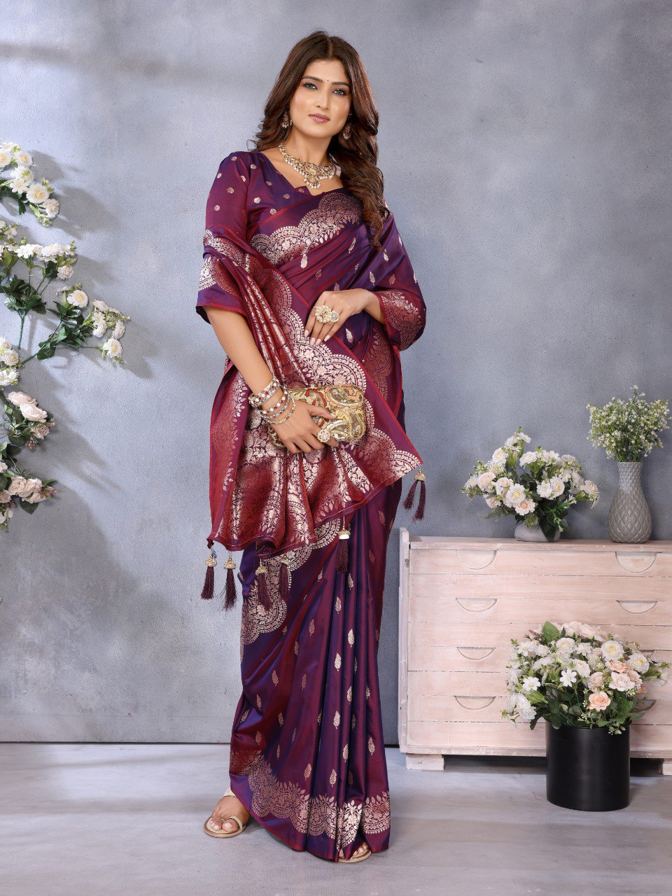 Anaita Maroon Premium Banarasi Tissue Silk Saree With Gala Weaving Work