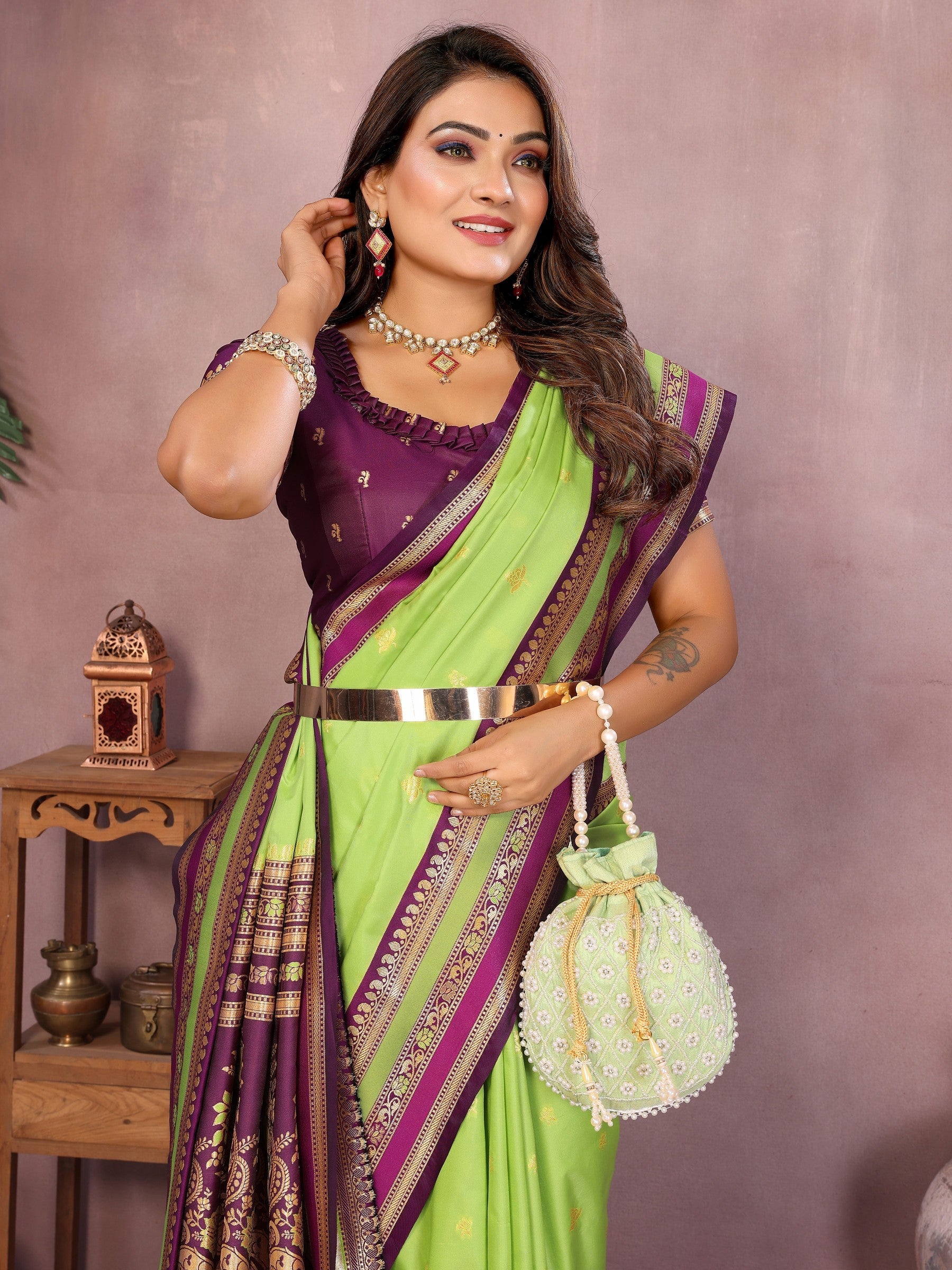 Anaita Parrot Handloom Kalamkari Silk Saree With Zari Woven Work