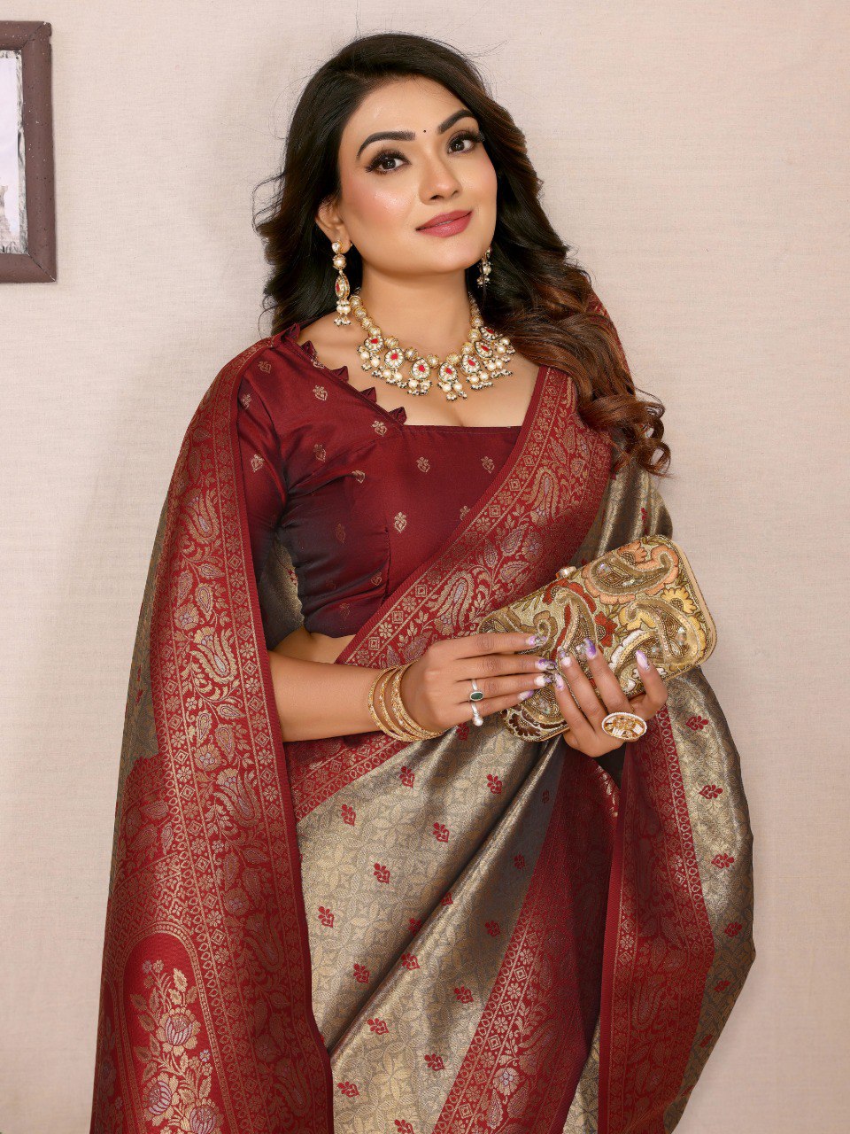 Anaita Beige Tissue Silk Saree With Weaving Zari Work
